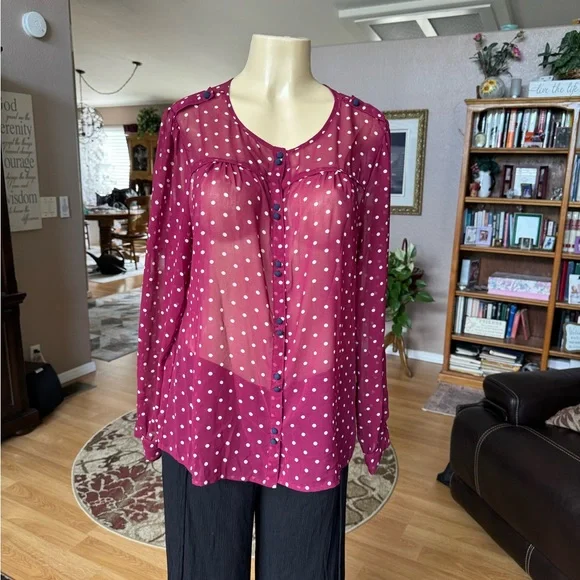French Connection sheer red & white long sleeve blouse-size L - Picture 5 of 9
